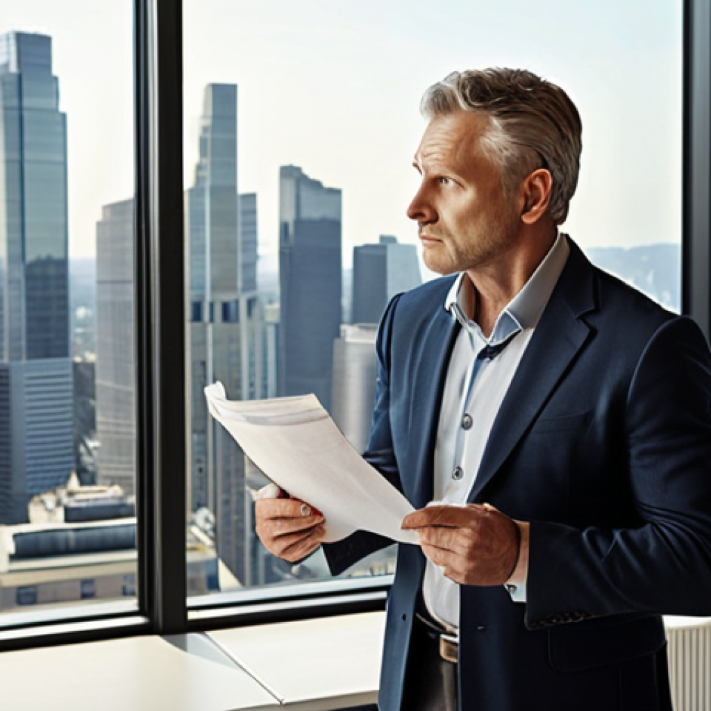 **Business Owner Contemplating Sale:** "A middle-aged entrepreneur stands in their modern office, gazing out the window at the city skyline. They are holding a financial report, looking thoughtful, with a subtle expression of both pride and uncertainty about the future. Soft, natural lighting."