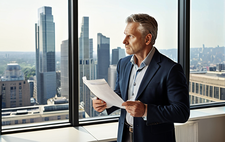 **Business Owner Contemplating Sale:** "A middle-aged entrepreneur stands in their modern office, gazing out the window at the city skyline. They are holding a financial report, looking thoughtful, with a subtle expression of both pride and uncertainty about the future. Soft, natural lighting."