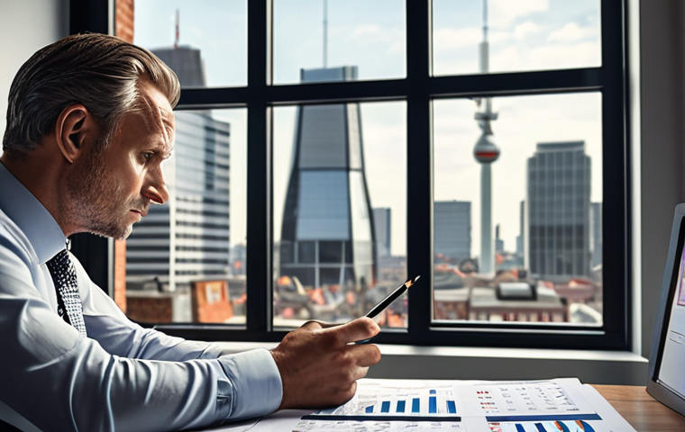 **

> A business owner looking stressed while reviewing financial documents (revenue charts, profit margins).  Depict a modern office setting, with a window showing a cityscape in soft focus. The overall mood should convey the importance of realistic business valuation, hinting at a difficult realization. Consider a Dutch setting with subtle cultural cues.

**