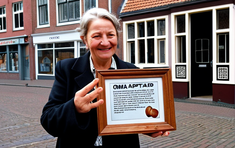 **

A poignant scene outside a schoolyard: a middle-aged baker with a slightly tearful but proud expression waves goodbye. In their hand, they clutch a framed photo of "Oma's Appeltaart". In the background is a charming Haarlem bakery with a "Sold!" sign discreetly placed. Focus on conveying the bittersweet feeling of letting go.

**