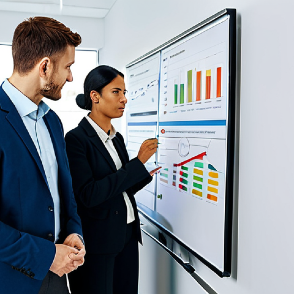 Defining Exit Criteria**
A professional and diverse team of business people in a modern, brightly lit office setting. They are reviewing a whiteboard with key performance indicators (KPIs) and charts. The atmosphere is collaborative and focused. Everyone is fully clothed in appropriate business attire. Safe for work, appropriate content, fully clothed, professional, perfect anatomy, natural proportions, high quality image.
**