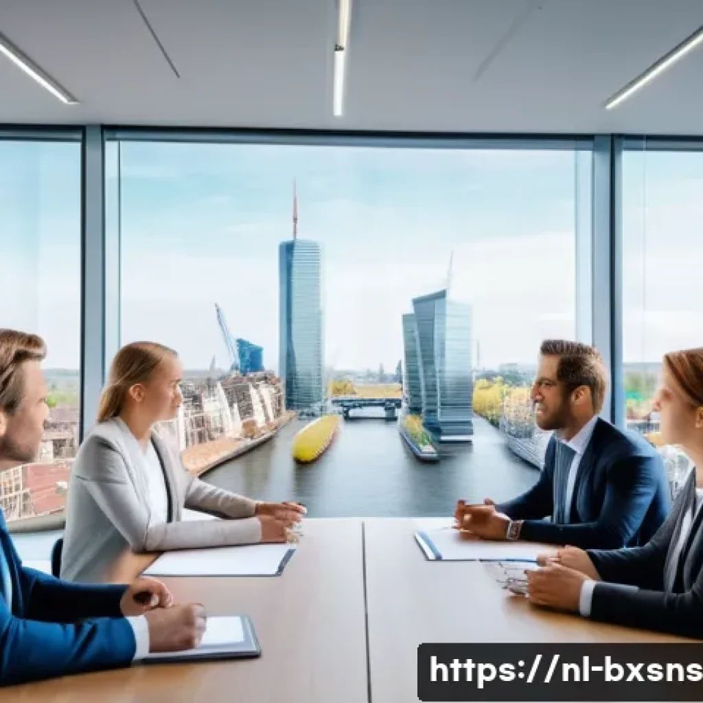출구 전략과 기업 이미지의 상관관계 - A professional business meeting scene set in a modern Dutch office, where a diverse group of corpora...