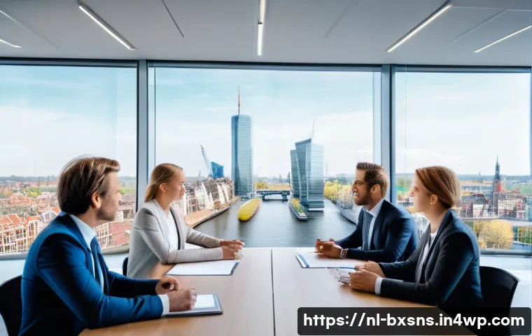 출구 전략과 기업 이미지의 상관관계 - A professional business meeting scene set in a modern Dutch office, where a diverse group of corpora...