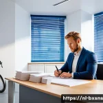 Home 22 비즈니스 출구 전략의 성공 실패 사례 - A professional Dutch entrepreneur in a modern office setting, thoughtfully planning a business exit ...