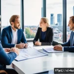 Home 21 기업 인수 시 고려해야 할 출구 전략 - A professional Dutch business meeting scene in a modern office, featuring diverse entrepreneurs and ...