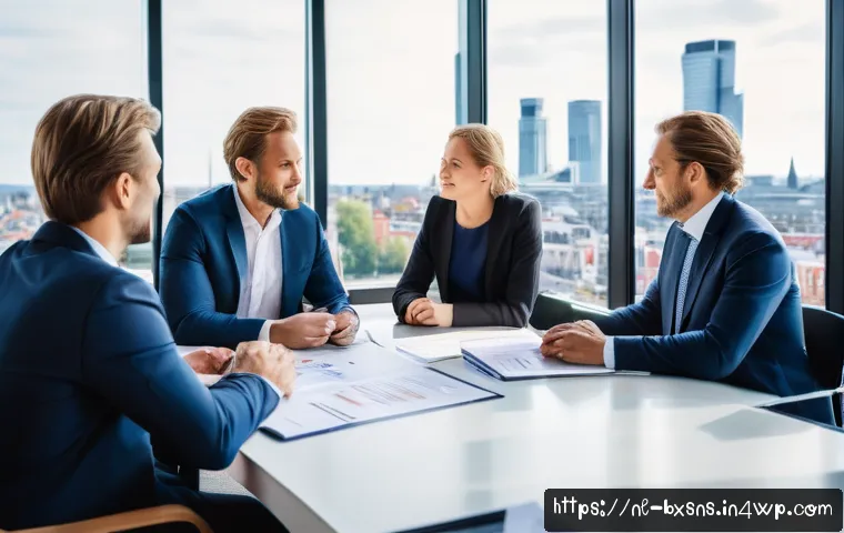 기업 인수 시 고려해야 할 출구 전략 - A professional Dutch business meeting scene in a modern office, featuring diverse entrepreneurs and ...