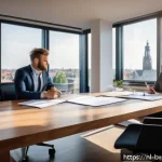 Home 23 성공적인 출구 전략을 위한 경험 노하우 - A professional Dutch entrepreneur in a modern office setting, preparing for a business exit with det...