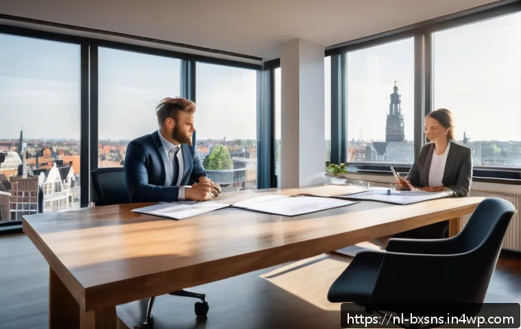 성공적인 출구 전략을 위한 경험 노하우 - A professional Dutch entrepreneur in a modern office setting, preparing for a business exit with det...